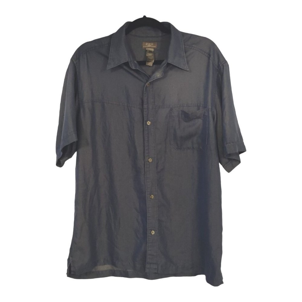 Men's Blue Short Sleeve Button Down Crazy Horse 100%cotton Shirt Size Large